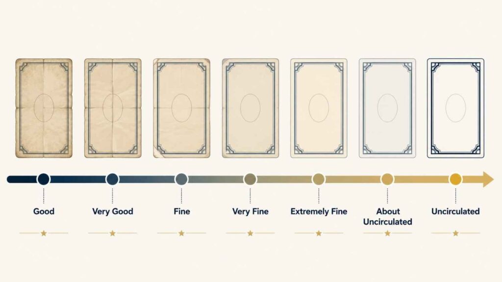 Iraqi dinar notes grading chart showing Good, Very Good, Fine, Very Fine, Extremely Fine, About Uncirculated and Uncirculated grades