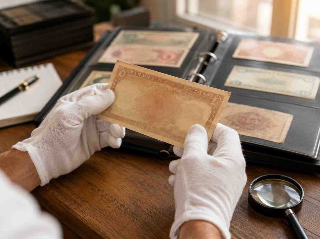 Collector inspecting an iraqi dinar banknote with gloves and a magnifying glass before buying