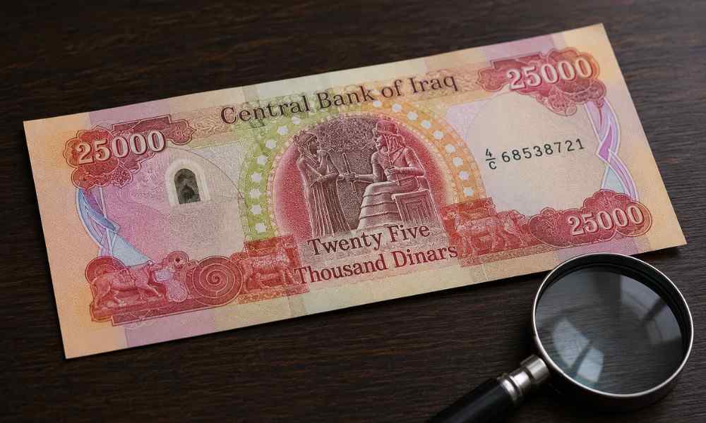 Iraqi Dinar 25000 note with visible serial number and magnifying glass for verification