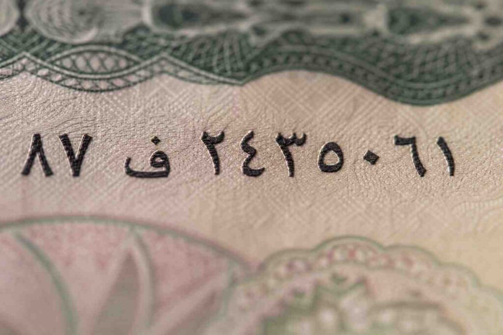 Macro close-up of Eastern Arabic numerals in an Iraqi Dinar banknote serial number