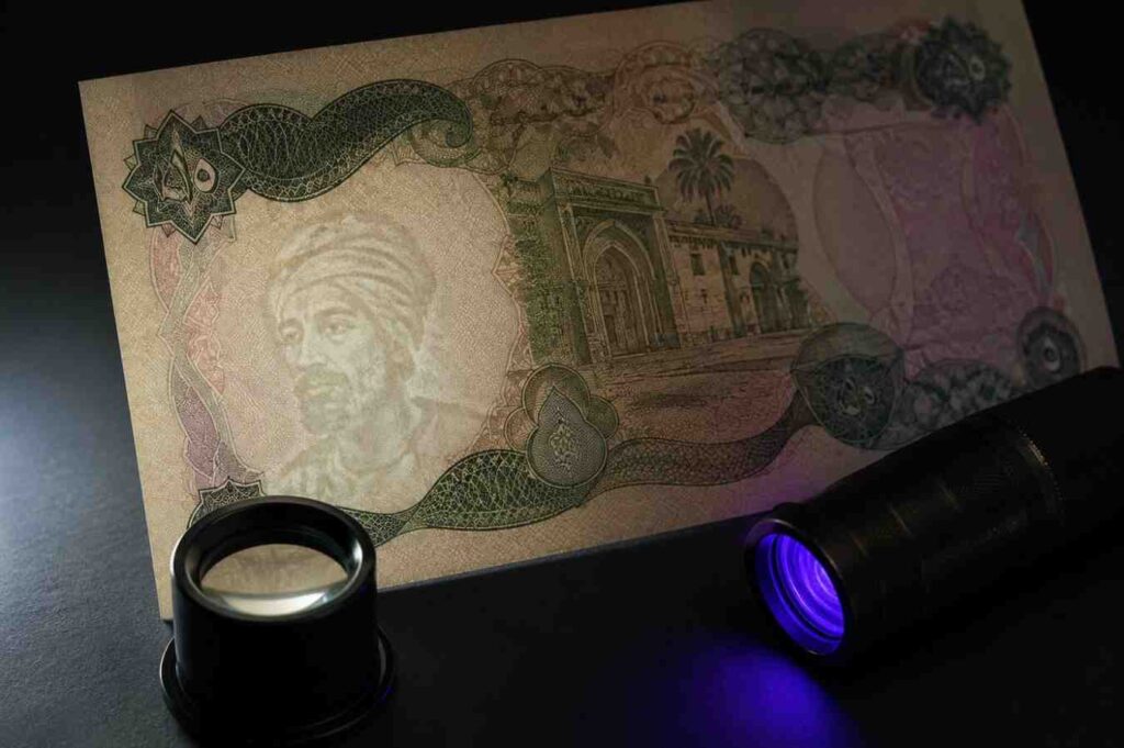 Iraqi Dinar banknote being authenticated with UV flashlight and magnifying loupe