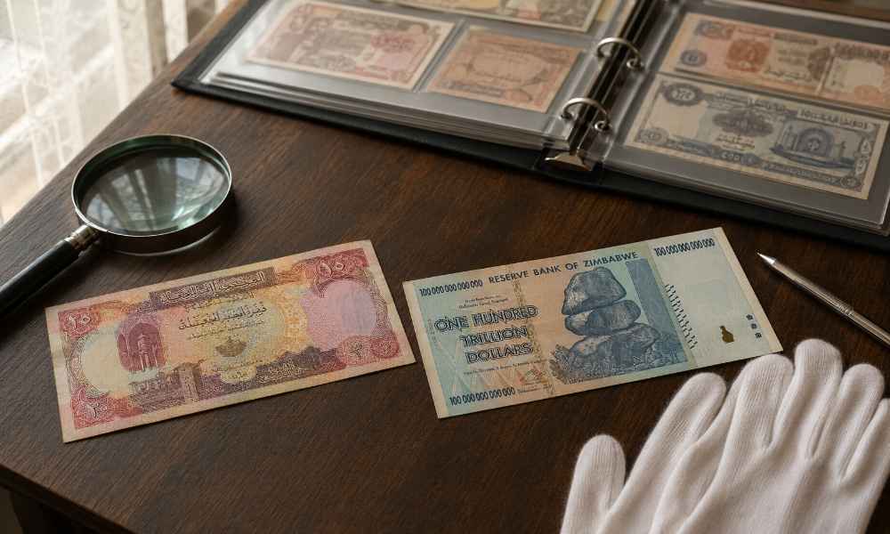 Iraqi dinar and Zimbabwe 100 trillion dollar notes compared for collectors
