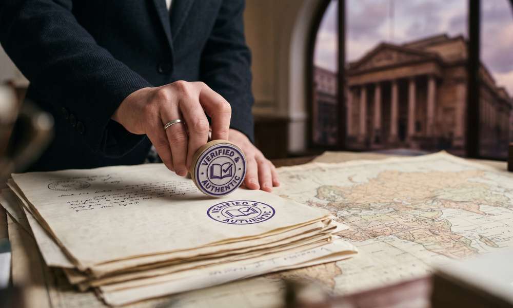 Hand stamping a verified and authentic seal on historical documents and a world map, representing fact checking Iraqi dinar revaluation claims
