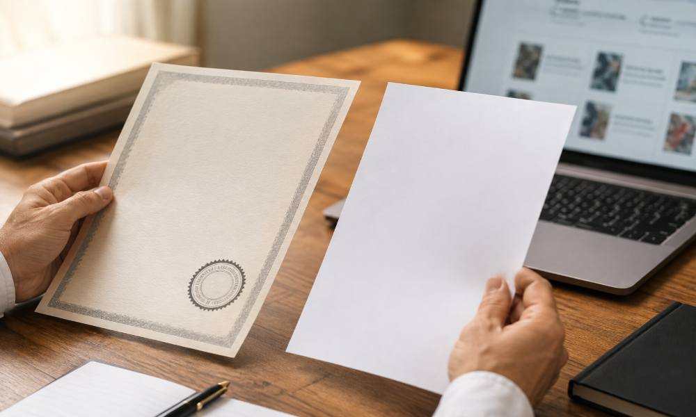Comparing a certificate of authenticity against a blank listing to avoid scams when you buy Iraqi Dinar online