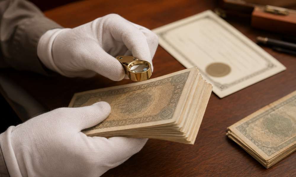 Collector inspecting banknotes with a magnifying loupe to check authenticity before buying Iraqi Dinar