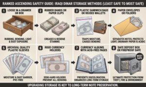Ranked infographic showing 8 storage methods for Iraqi Dinar notes from least safe to most safe