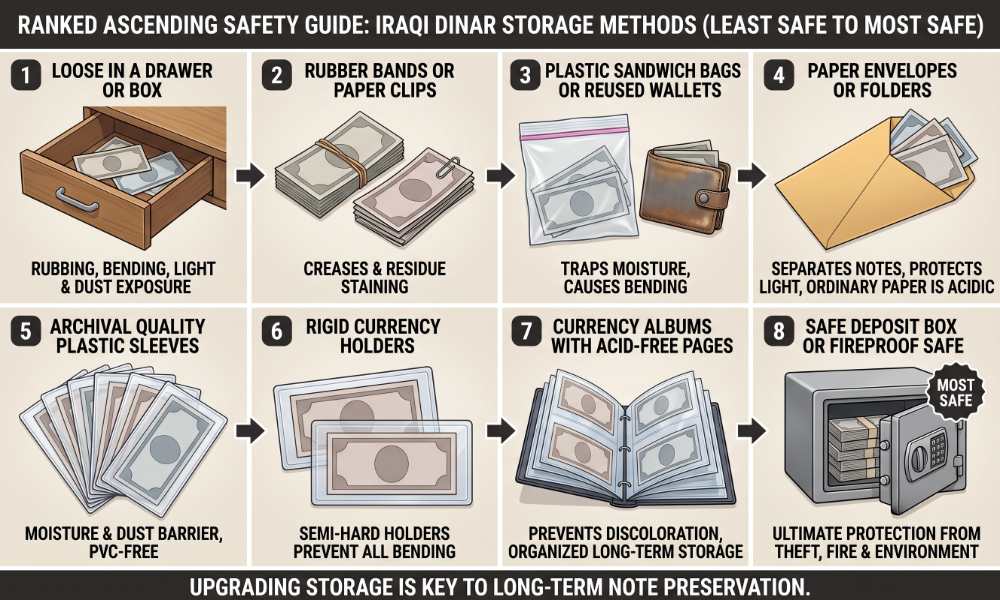 Ranked infographic showing 8 storage methods for Iraqi Dinar notes from least safe to most safe