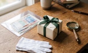 Currency collector gift setup with banknotes in a protective sleeve, gift box, cotton gloves and magnifying glass, styled for an Iraqi Dinar gift for collectors