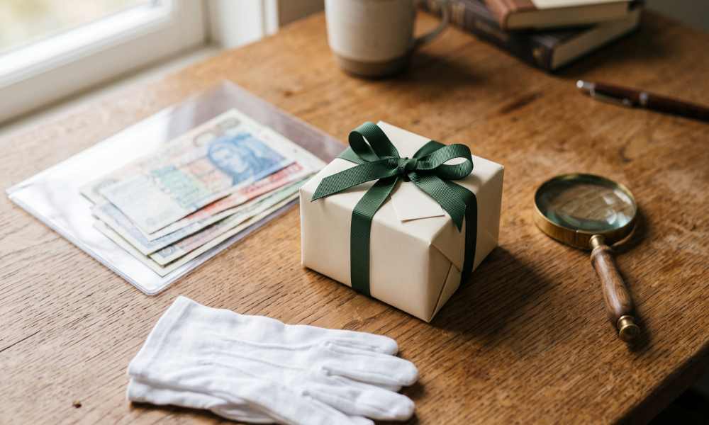 Currency collector gift setup with banknotes in a protective sleeve, gift box, cotton gloves and magnifying glass, styled for an Iraqi Dinar gift for collectors