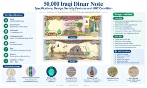 50,000 Iraqi Dinar Note Specifications: Size, Design, Security Features and UNC Condition